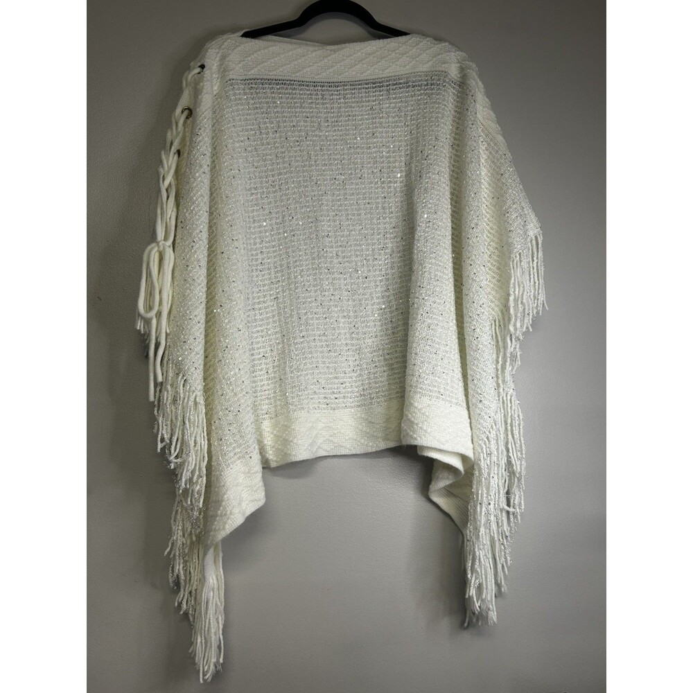 CATO White Sequin Fringe Knit Shawl / Wrap / Poncho One Size